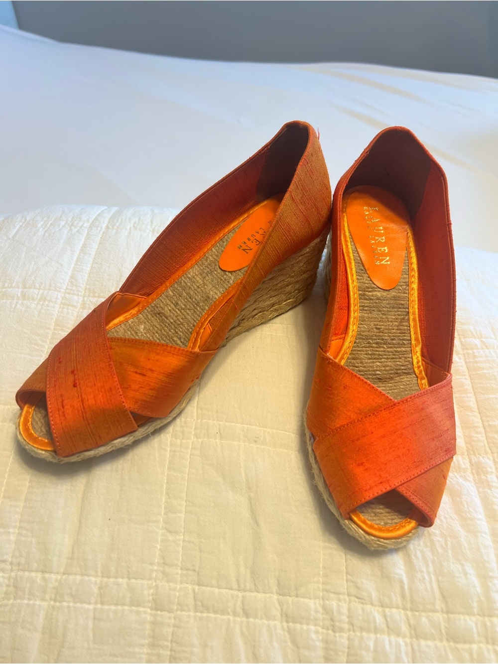 Ralph Lauren Orange Iridescent Satin Espadrille Wedge Peep-Toe | Woman’s 8